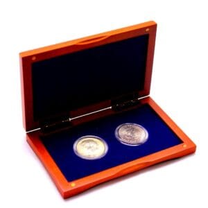 Cherry Finished Box & 2 Model T30 Coin Capsules for Half Dollar, Blue Felt Inter