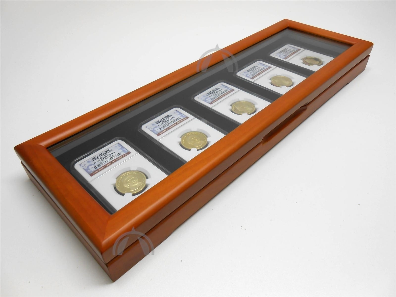 Glass Top Wood Display Box For 5 Certified Coin Slabs From Pcgs Or Ngc 1 GLASS TOP WOOD DISPLAY BOX for 5 CERTIFIED COIN SLABS from PCGS or NGC