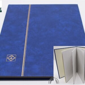 BLUE 16 Page Hardcover Stamp Stock Book, WHITE Pages, Double Glassine, 9 Strips