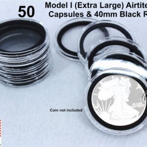 50 GENUINE Airtite Coin Capsules with BLACK Rings for 1oz American Silver Eagle