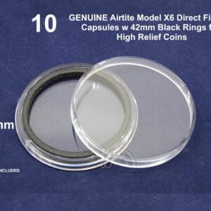10 Pack GENUINE Airtite X6 Capsules w 42mm Black Ring for High Relief Coins