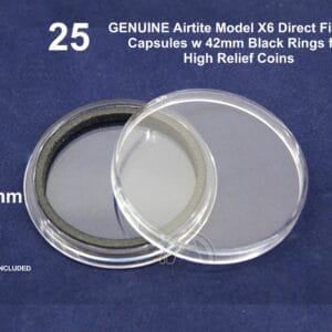 25 Pack GENUINE Airtite X6 Capsules w 42mm Black Ring for High Relief Coins