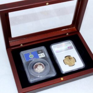 Wood Box for 2 Certified Coin Slabs from PCGS or NGC, Glass Top & Mahogany