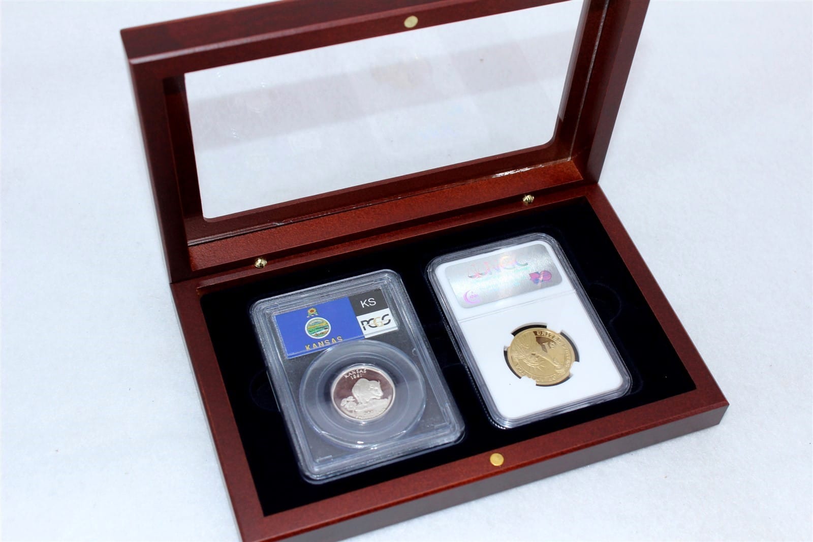 Wood Box For 2 Certified Coin Slabs From Pcgs Or Ngc, Glass Top &Amp; Mahogany 1 Wood Box for 2 Certified Coin Slabs from PCGS or NGC, Glass Top & Mahogany