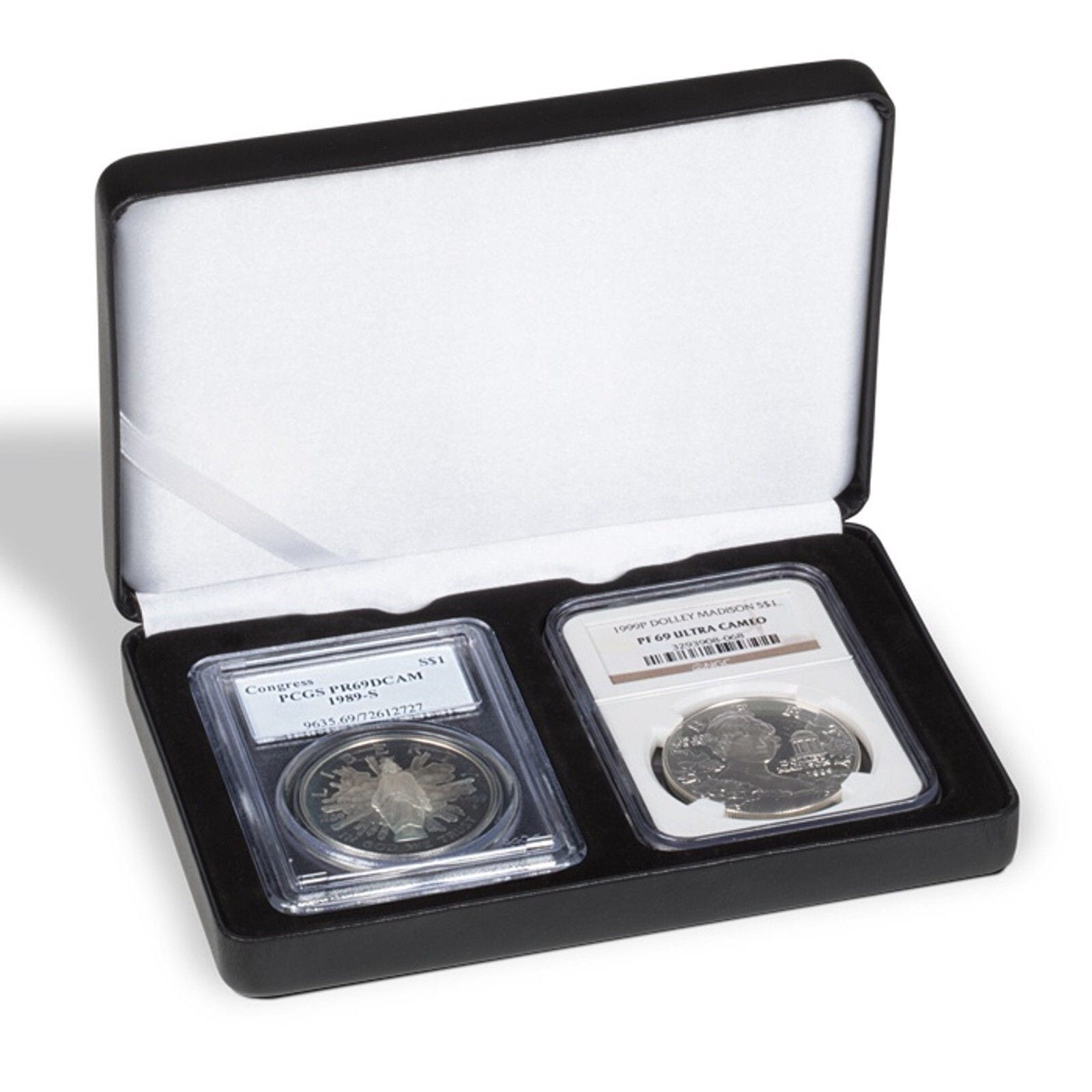 Black Leatherette Box For 2 Coin Slabs - Pcgs Ngc Anacs Up To 2 1/2 X 3 3/8&Quot; 1 Black Leatherette Box for 2 Coin Slabs - PCGS NGC ANACS up to 2 1/2 x 3 3/8"