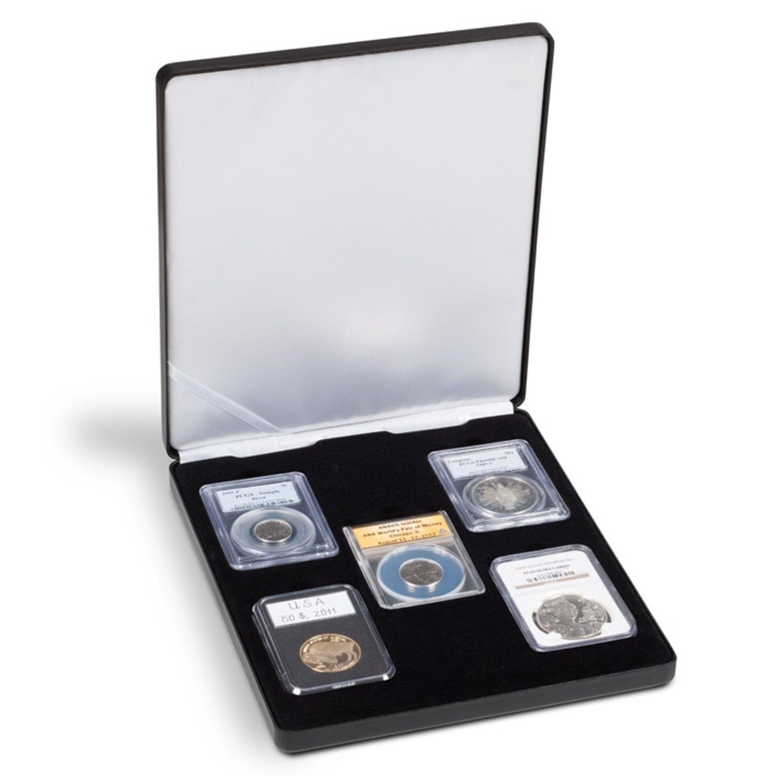 Black Leatherette Box For 5 Slabs Pcgs Ngc Anacs Others Up To 2 1/2 X 3 3/8&Quot; 1 Black Leatherette Box for 5 Slabs PCGS NGC ANACS Others up to 2 1/2 x 3 3/8"