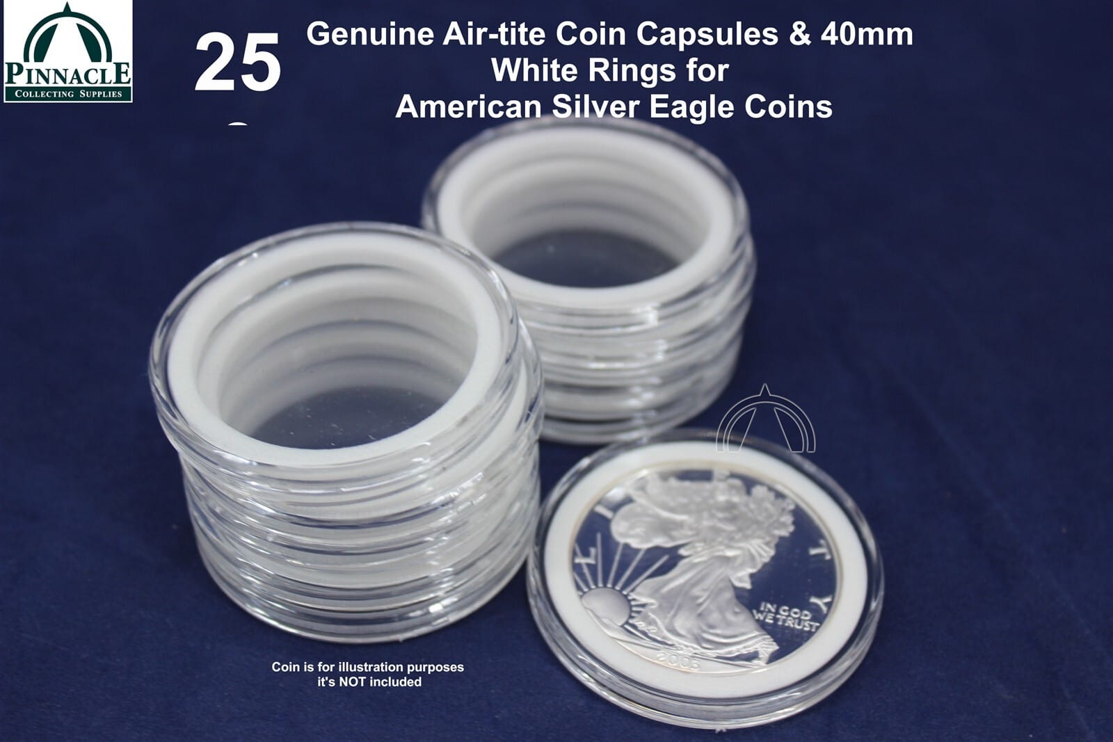 25 Airtite Coin Capsules With White Rings For 1Oz American Silver Eagle 40.6Mm 1 25 Airtite Coin Capsules with WHITE Rings for 1oz American Silver Eagle 40.6mm