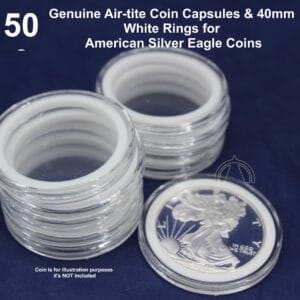 50 Airtite Coin Capsules with WHITE Rings for 1oz American Silver Eagle 40.6mm