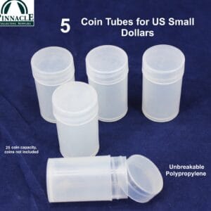 5 Unbreakable Coin Tubes for 25 USA SAC NA & President Small Dollars w Screw Lid