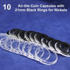 10 Airtite Coin Capsule Holders & 21mm Black Rings for US Nickels Air Tight