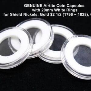 25 Pack Airtite Coin Capsules & 20mm WHITE Rings for Shield Nickel Gold $2 1/2