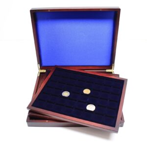 WOOD DISPLAY CASE w/3 Trays for COINS/ CAPSULES up to 30mm eg SBA, Presidential