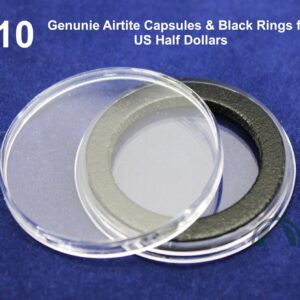 10 Air Tight Coin CAPSULES & 30mm BLACK RINGS FOR 1/2 HALF DOLLAR & 30mm COINS