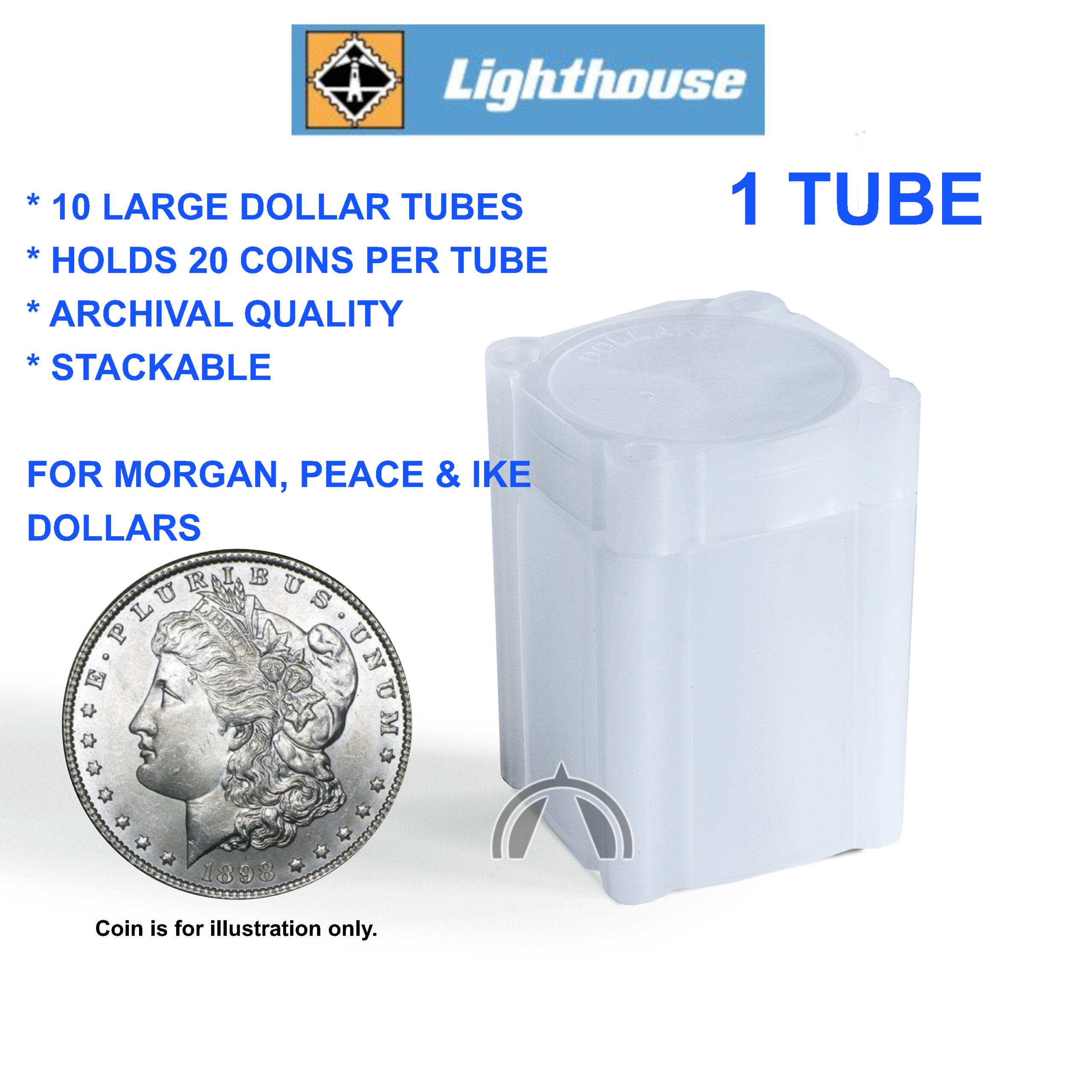 1 Large Dollar Square Archival Coin Tubes For Morgan Peace Eisenhower Lighthouse 1 large dollar coin tubes