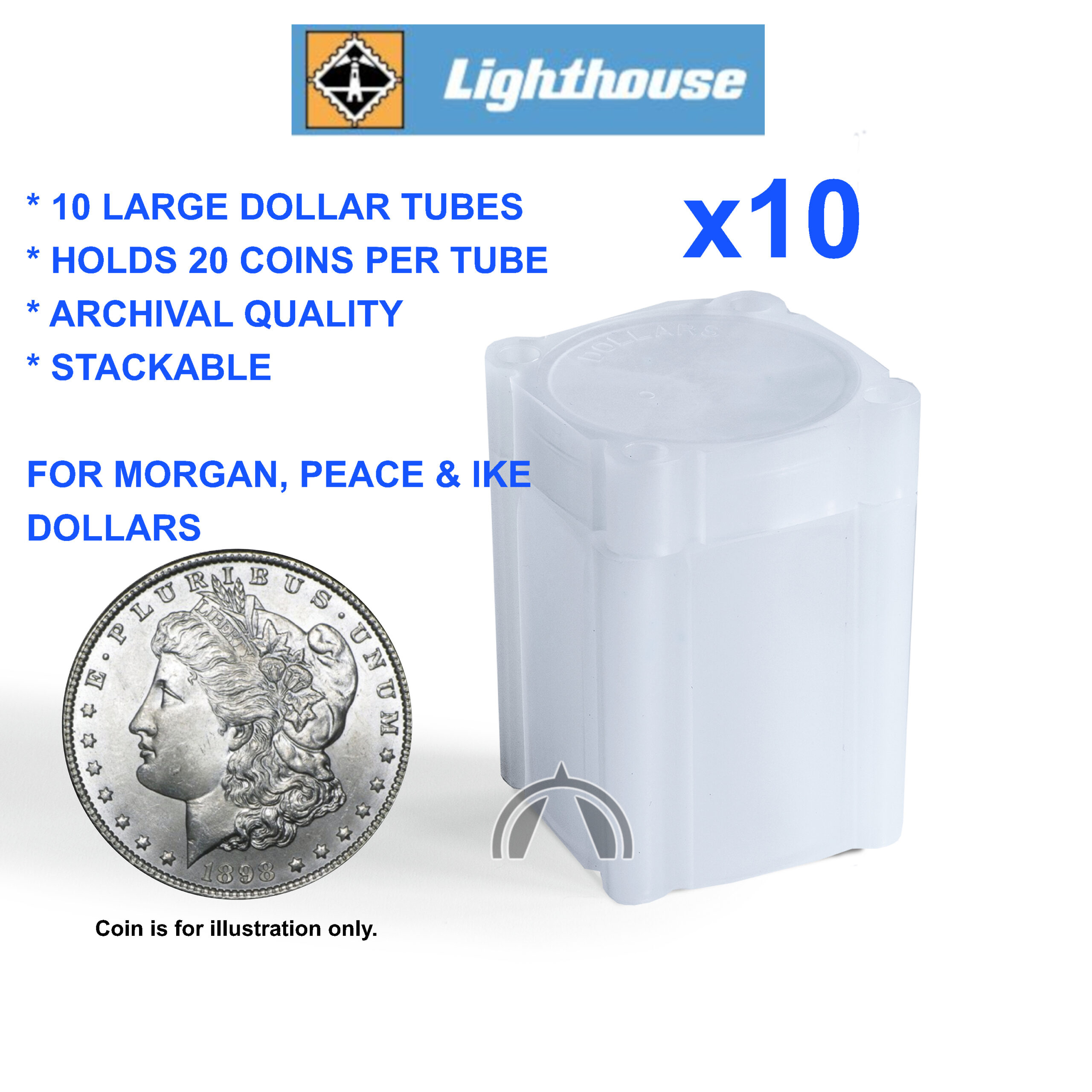 10 Large Dollar Square Archival Coin Tubes For Morgan Peace Eisenhower Lighthouse 1 10 large dollar coin tubes