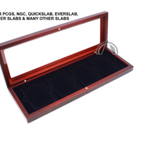 Wood Box for 4 Certified Coin Slabs from PCGS or NGC, Glass Top & Mahogany